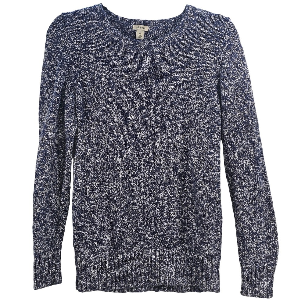 LL Bean Womens Speckled Blue Knit Sweater Long Sleeve‎ Crew Neck Cotton XS